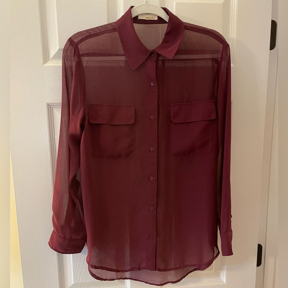 Lush Burgundy Sheer Button Up Blouse